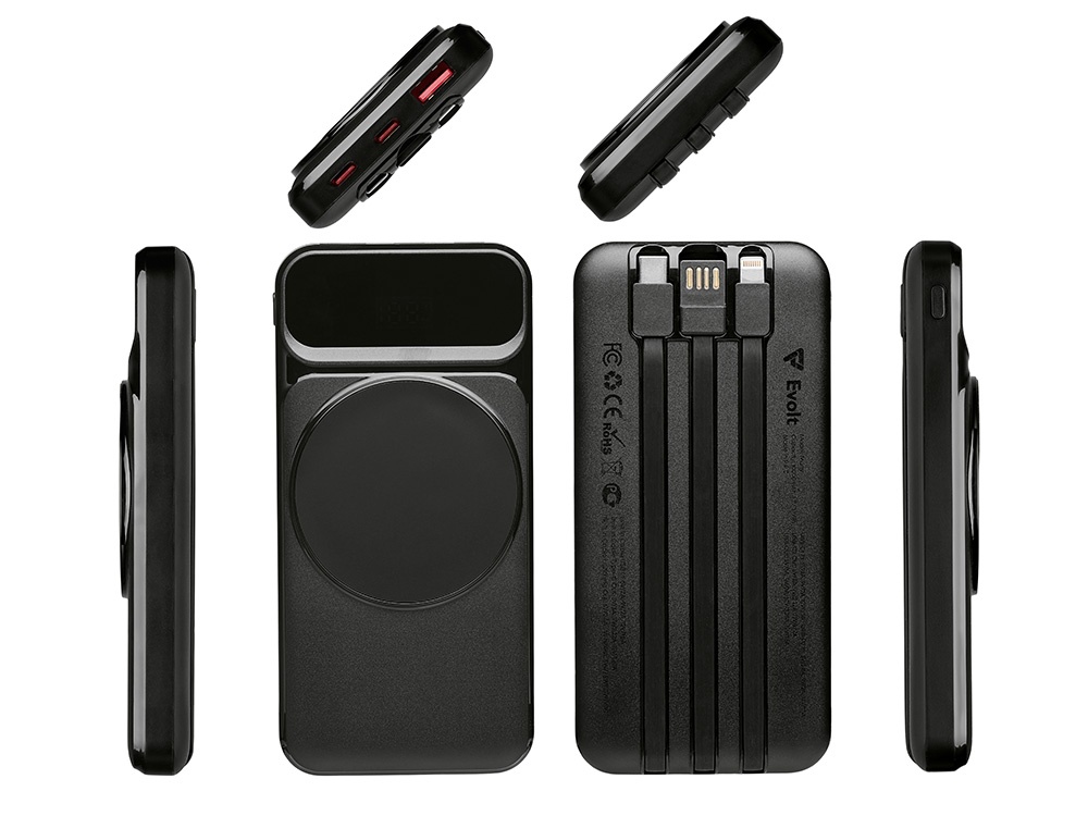 Магнитный беспроводной внешний аккумулятор со встроенными кабелями Мэни, 10000 мАч