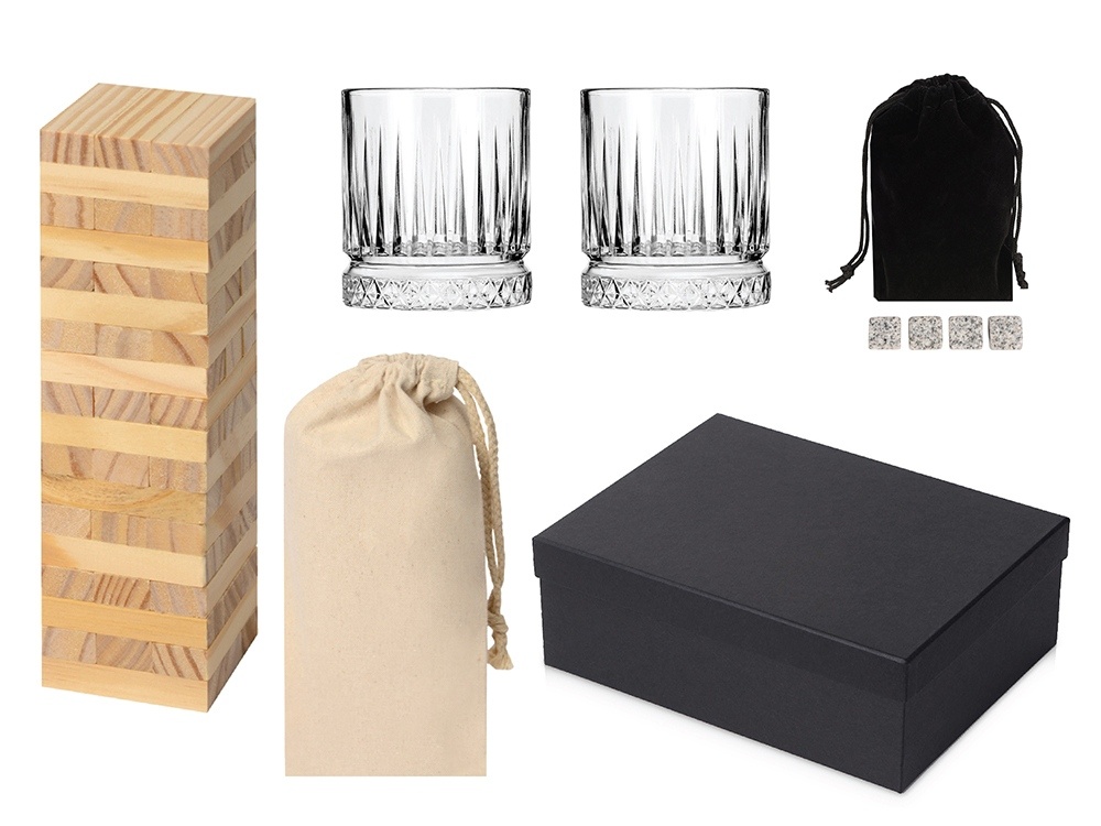 Подарочный набор с бокалами, камнями для виски и дженгой