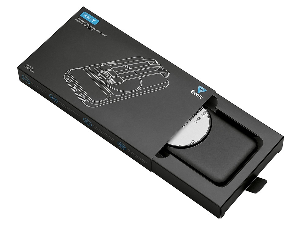 Магнитный беспроводной внешний аккумулятор со встроенными кабелями Мэни, 10000 мАч