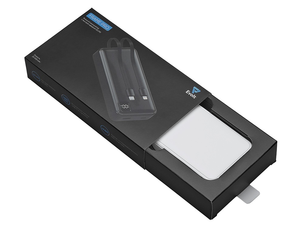 Внешний аккумулятор со встроенными кабелями Фрэйм Про, быстрая зарядка, 20000мач